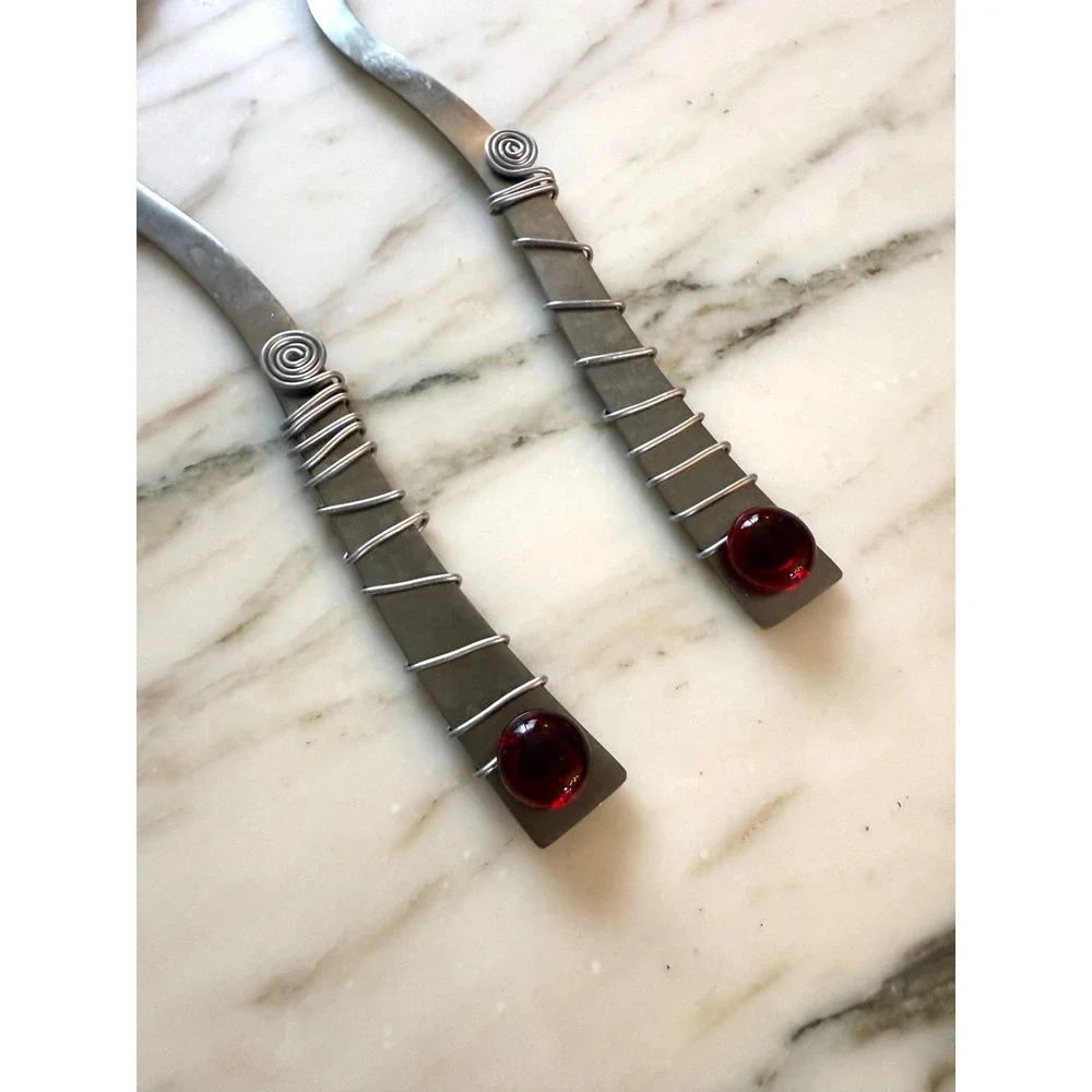 Vintage Y2K Handmade Stainless Steel Salad Serving Set Red Glass Wire Wrapped